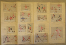 16 Original Schulkinder Zeichnungen zum Schweizer Eishockey 1940er Jahre auf Plakat montiert