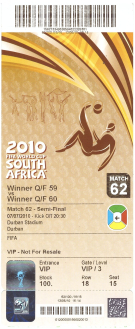 Germany - Spain, Match 62 - 1/2 Final, 7.7. 2010, Durban Stadium (Ticket FIFA VIP)
