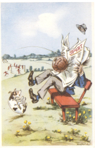 Ball schlägt Sportzeitung (Postkarte mit Zeichnung ca. 1950)