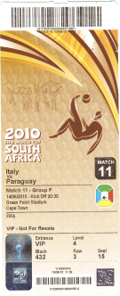 Italy - Paraguay, Match 11 - 14.6. 2010, Green Point Stadium Cape Town (Ticket FIFA - VIP, Unused)