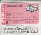 Schweiz - Polen, 24.3. 1990, Eishockey Länderspiel, Stadion Lido Rapperswil, Schüler Ticket