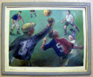 Fussballspielszene Rotblau vs Weissschwarz (Oel auf Karton, Künstler;  A. Koch, datiert 1959)