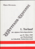 1. Torlauf der alpinen Skiweltgeschichte am 19. März 1905 am Muckenkogel in Lilienfeld, Niederösterreich (Faksimile)