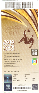 Uruguay - Ghana, Match 58 - 1/4 Final, 2.7. 2010, Soccer City Stadium Johannesburg (Ticket FIFA VIP)